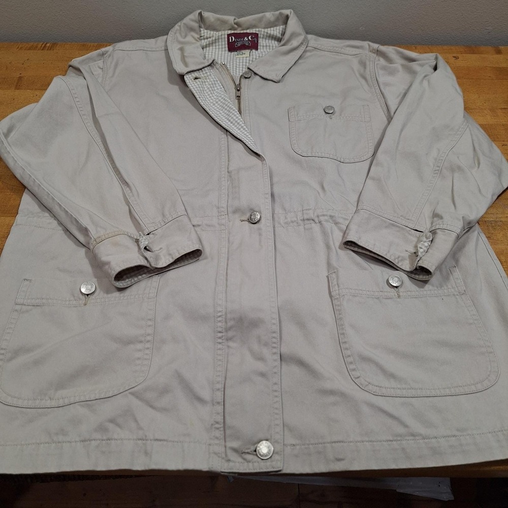 Vtg Denim & Co Jacket Wom Sz L Tan Gingham Lined Chore Utility Coat Nautical Zip